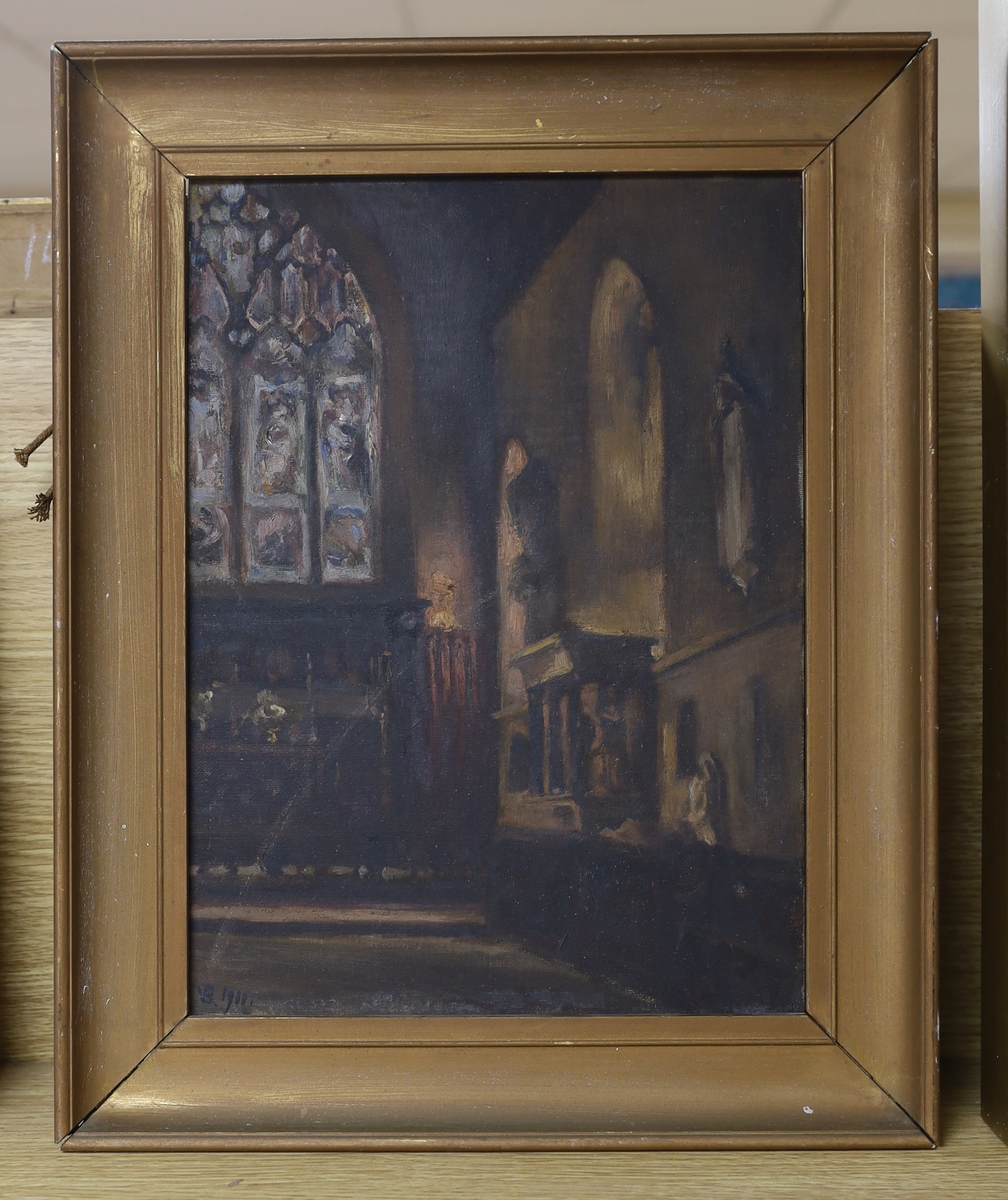 Manner of Vanessa Bell (1879-1961), oil on canvas, Church interior, bears monogram and date 1911, 34 x 25cm